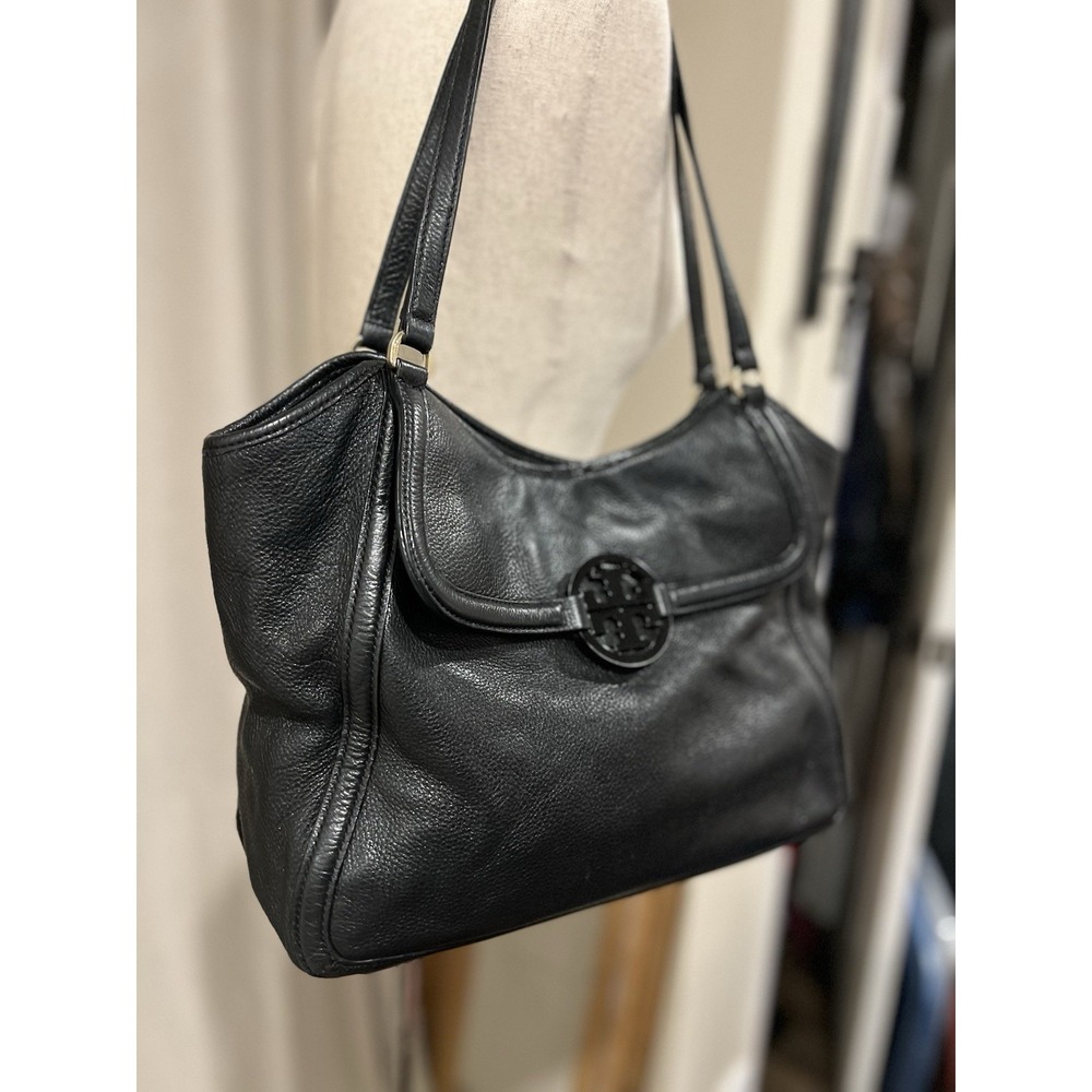 Tory Burch Purse Black Pebble Leather Hand Bag‎ Tote Brass Hardware Authentic - Picture 4 of 10